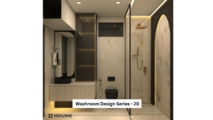 Modern bathroom design with marble walls, gold fixtures, a black vanity, and statement lighting.