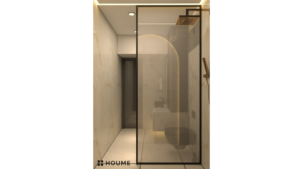 Modern bathroom design with marble walls, gold fixtures, a black vanity, and statement lighting. B