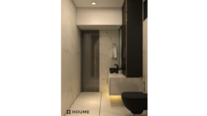 Modern bathroom design with marble walls, gold fixtures, a black vanity, and statement lighting. C