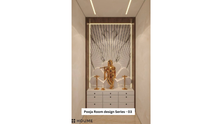 A photo of a modern pooja room featuring a wooden pooja unit with a white countertop and gold hardware accents. The unit has cabinets for storage and open shelves that showcase prayer items and Hindu deities.