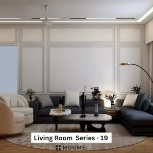 A spacious living room with a classic design featuring white wainscoting, a plush sectional sofa, and a round coffee table on a patterned rug.