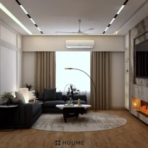 A spacious living room with a classic design featuring white wainscoting, a plush sectional sofa, and a round coffee table on a patterned rug.B