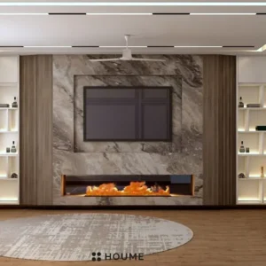 A spacious living room with a classic design featuring white wainscoting, a plush sectional sofa, and a round coffee table on a patterned rug. C