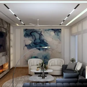 A spacious living room with a classic design featuring white wainscoting, a plush sectional sofa, and a round coffee table on a patterned rug. D