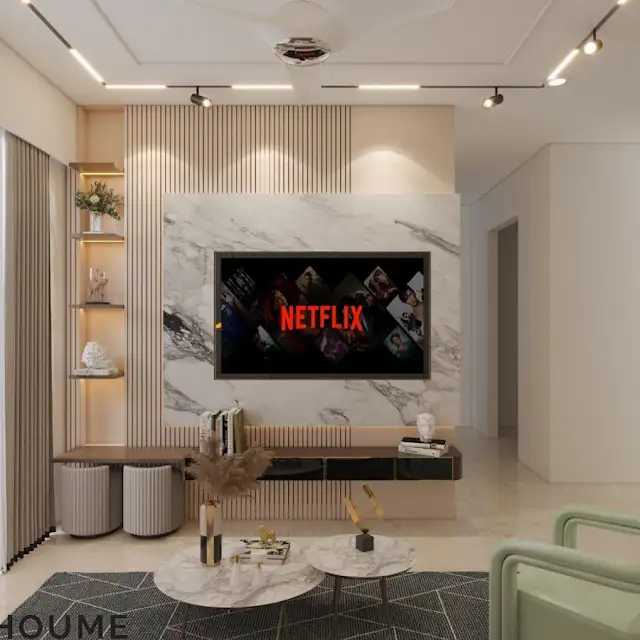 A modern living room design featuring a textured geometric wall panel, a navy blue sofa, and minimalist decor. B