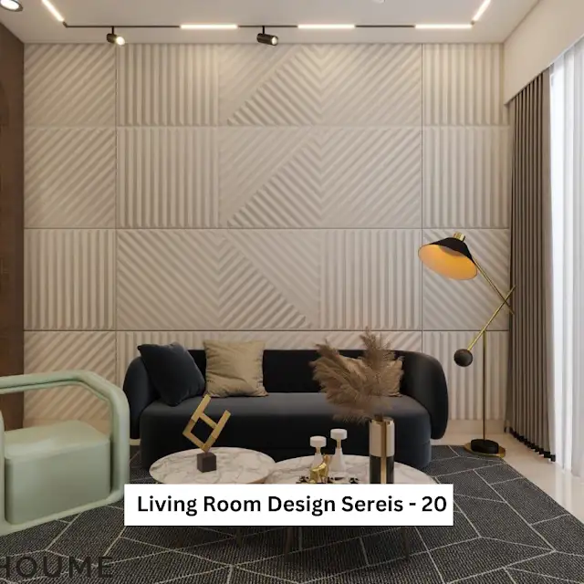 A modern living room design featuring a textured geometric wall panel, a navy blue sofa, and minimalist decor.