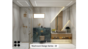 Modern bathroom design with marble countertops, green accents, and gold fixtures.