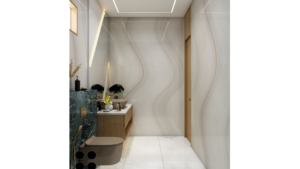 Modern bathroom design with marble countertops, green accents, and gold fixtures. B