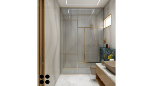 Modern bathroom design with marble countertops, green accents, and gold fixtures. C