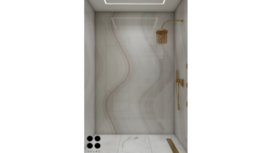 Modern bathroom design with marble countertops, green accents, and gold fixtures. D