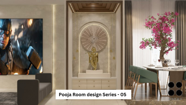 Modern Indian home temple design with a golden Krishna statue and intricate backlit alcove.