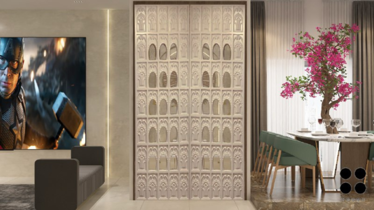 Modern minimalist pooja room design with a Lord Krishna idol, warm lighting, and a marble platform. D