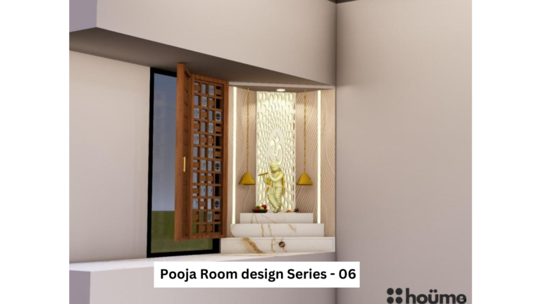 Modern minimalist pooja room design with a Lord Krishna idol, warm lighting, and a marble platform.