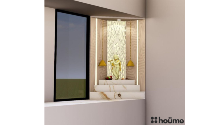 Modern minimalist pooja room design with a Lord Krishna idol, warm lighting, and a marble platform. B