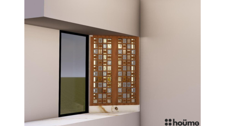 Modern minimalist pooja room design with a Lord Krishna idol, warm lighting, and a marble platform. C