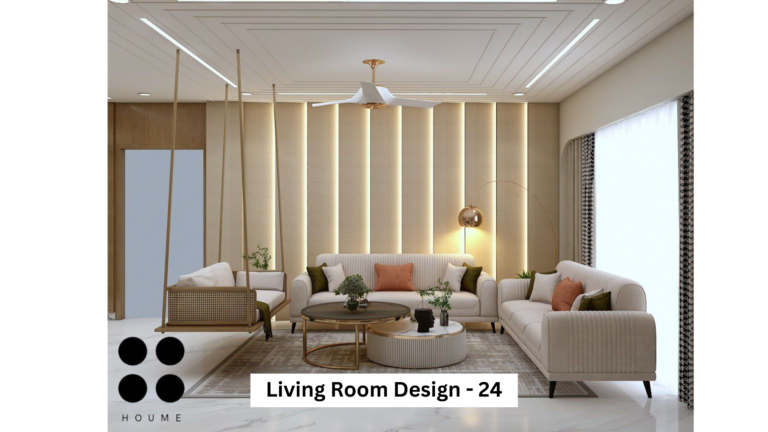 A modern living room design featuring a hanging swing chair, plush sofas, and warm, inviting lighting.