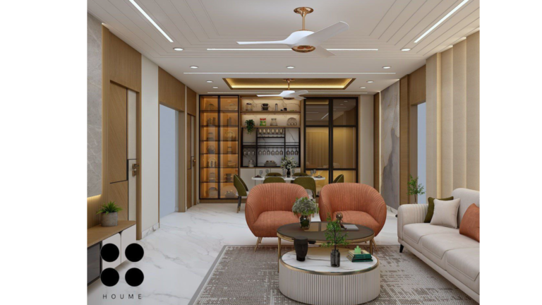 A modern living room design featuring a hanging swing chair, plush sofas, and warm, inviting lighting. B