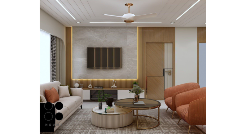 A modern living room design featuring a hanging swing chair, plush sofas, and warm, inviting lighting. C