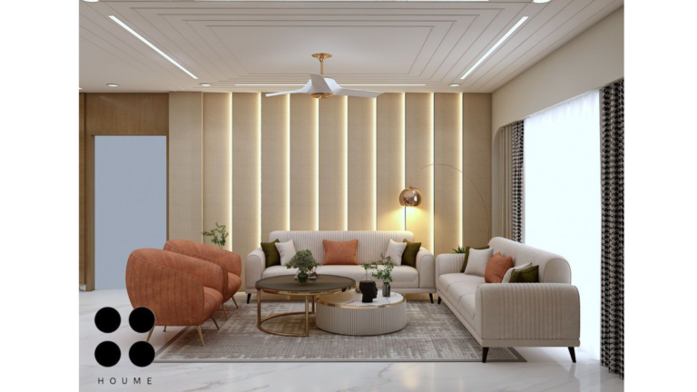 A modern living room design featuring a hanging swing chair, plush sofas, and warm, inviting lighting. D