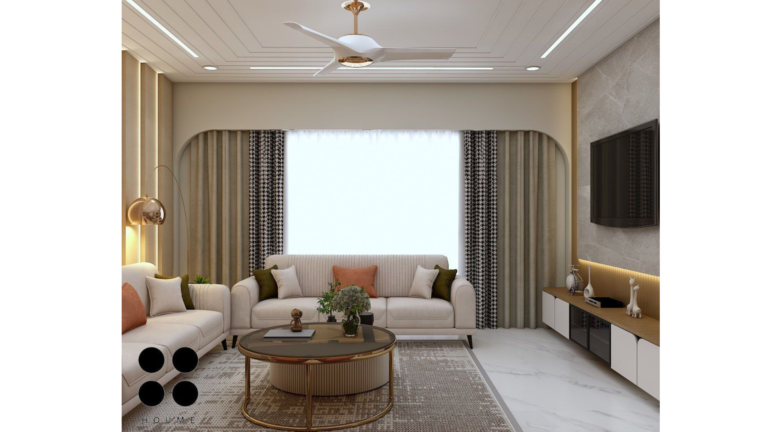 A modern living room design featuring a hanging swing chair, plush sofas, and warm, inviting lighting. E