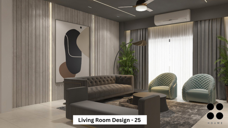 A contemporary living room design with a dark color scheme, abstract art, textured walls, and plush furniture.