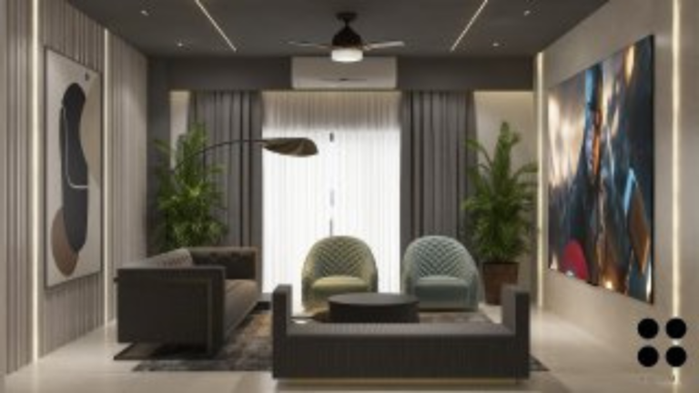 A contemporary living room design with a dark color scheme, abstract art, textured walls, and plush furniture. B