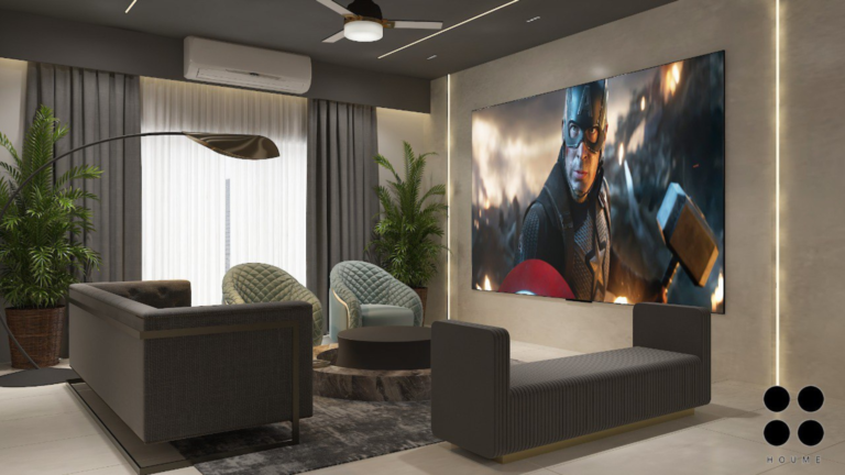 A contemporary living room design with a dark color scheme, abstract art, textured walls, and plush furniture. C