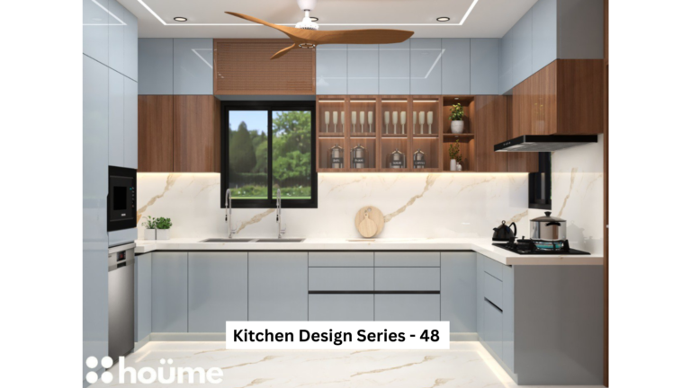 A modern kitchen with open shelves, a large island, and stainless steel appliances.