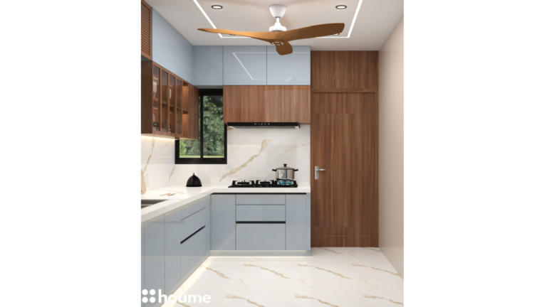 A modern kitchen with open shelves, a large island, and stainless steel appliances. B