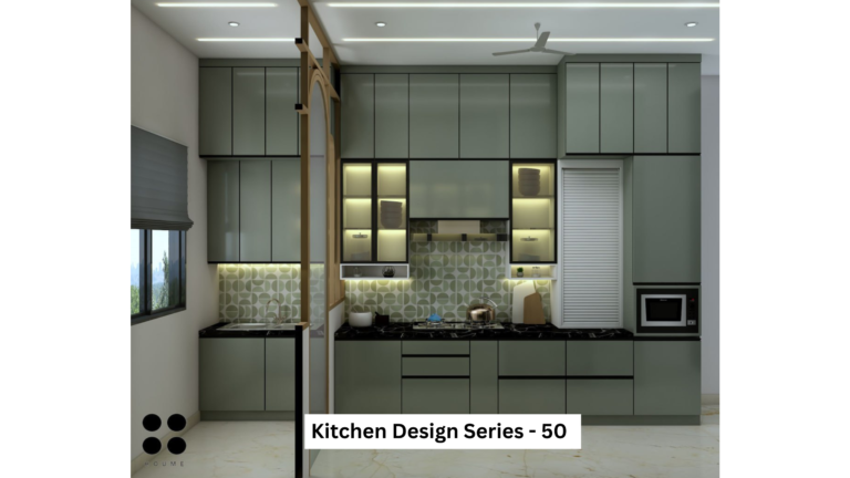 🌿 Kitchen Design Series #50: A symphony of soothing greens and clean lines. This modern Indian kitchen design maximizes storage and functionality while exuding elegance.