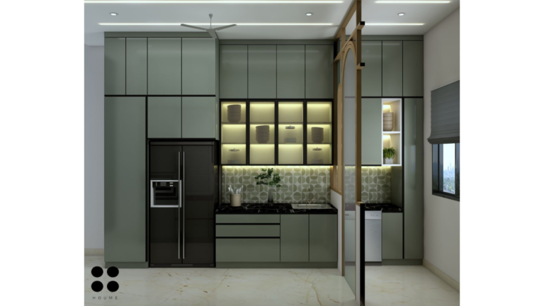 Modern Indian kitchen design with green cabinetry, geometric tile backsplash, and integrated appliances. B