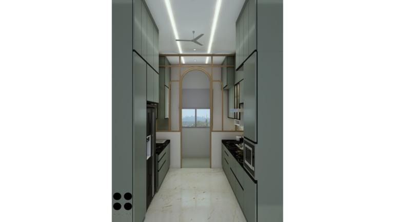 Modern Indian kitchen design with green cabinetry, geometric tile backsplash, and integrated appliances. C