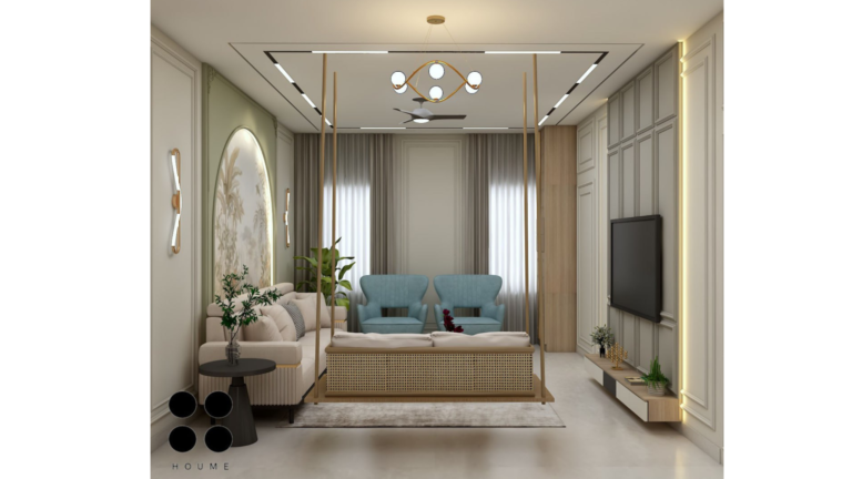 A modern living room with a beige sofa, blue accent chairs, and a tropical mural on a half-circle wall feature. B