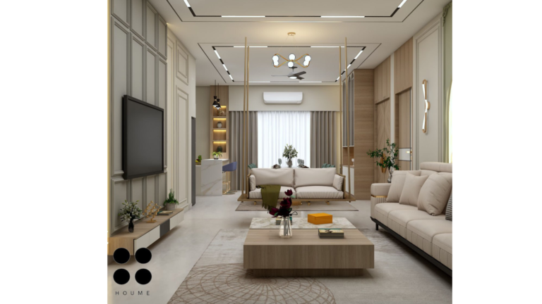 A modern living room with a beige sofa, blue accent chairs, and a tropical mural on a half-circle wall feature. C