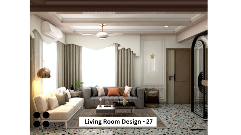 Modern living room design with neutral tones, statement lighting, and patterned flooring.
