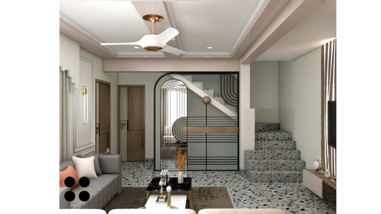 Modern living room design with neutral tones, statement lighting, and patterned flooring. C