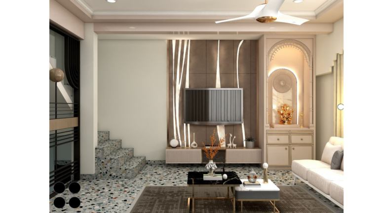 Modern living room design with neutral tones, statement lighting, and patterned flooring. D