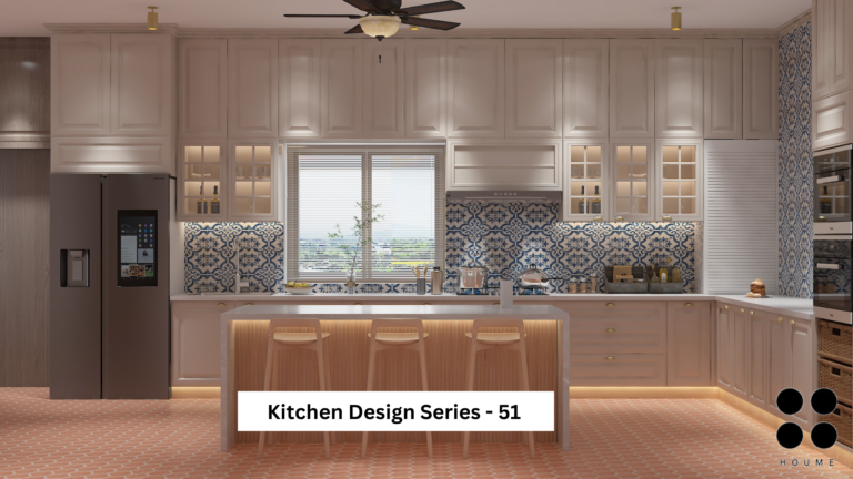 Modern white kitchen with blue patterned backsplash and island seating." "Bright kitchen with shaker cabinets, stainless steel appliances, and a window overlooking greenery.
