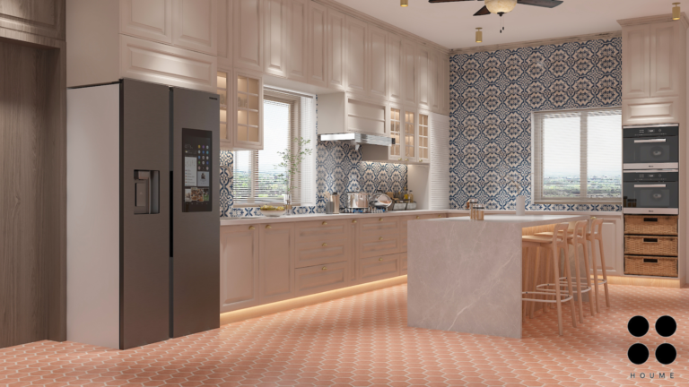 Modern white kitchen with blue patterned backsplash and island seating." "Bright kitchen with shaker cabinets, stainless steel appliances, and a window overlooking greenery. B