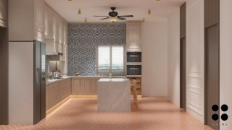 Modern white kitchen with blue patterned backsplash and island seating." "Bright kitchen with shaker cabinets, stainless steel appliances, and a window overlooking greenery. C