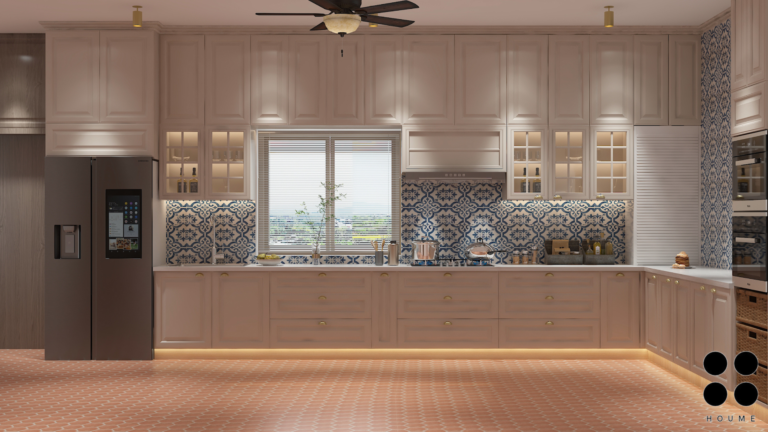Modern white kitchen with blue patterned backsplash and island seating." "Bright kitchen with shaker cabinets, stainless steel appliances, and a window overlooking greenery. D