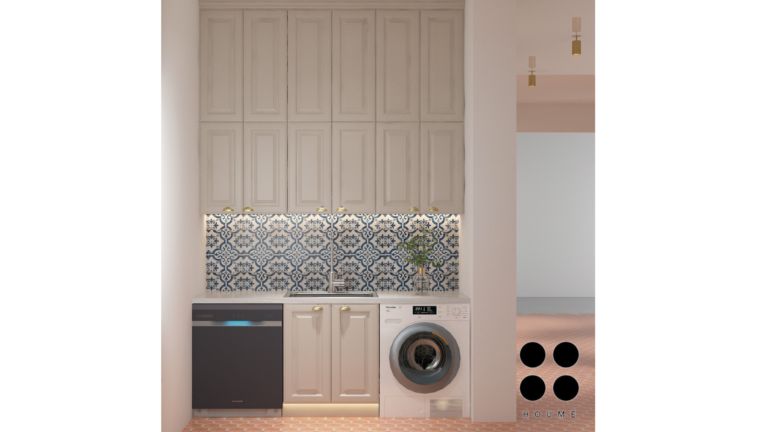 Modern white kitchen with blue patterned backsplash and island seating." "Bright kitchen with shaker cabinets, stainless steel appliances, and a window overlooking greenery. E