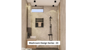 Modern bathroom with marble tiles, black fixtures, a heated towel rack, and a floating vanity.