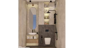 Modern bathroom with marble tiles, black fixtures, a heated towel rack, and a floating vanity. B