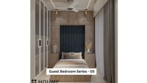 Modern guest bedroom with wood-paneled accent wall and built-in wardrobe.
