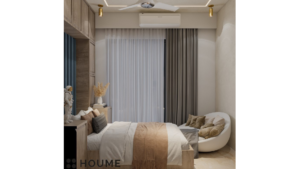 Modern guest bedroom with wood-paneled accent wall and built-in wardrobe. B