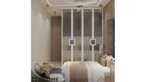 Modern guest bedroom with wood-paneled accent wall and built-in wardrobe. C