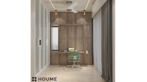 Modern guest bedroom with wood-paneled accent wall and built-in wardrobe. E