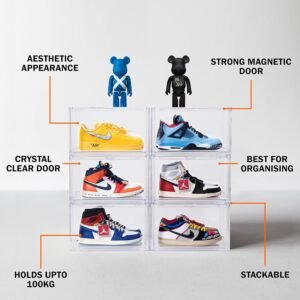 SNEAKARE Shoe Storage Organizer, Set of 5 Transparent Heavy-Duty Sneaker Box, Stackable Storage Box with Magnetic Closure, Easy Installation Foldable Large Box, Fits Size UK14, Plastic