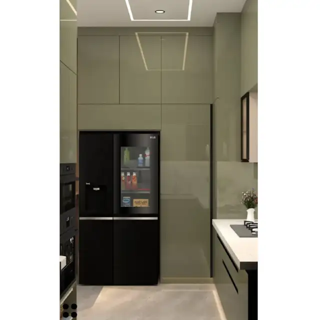 A sleek, modern kitchen design with olive green cabinets, a white marble countertop, and integrated lighting showcasing a minimalist aesthetic. B